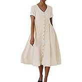 chouyatou Women's Summer Fit and Flare Swing Cotton Dress Casual V-Neck Button Down Beach Midi Dress