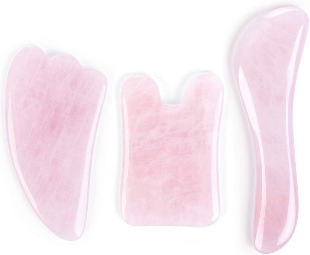 Pink Rose Quartz Gua Sha Board-Relief and Skin Renewal,Premium All Natural Handmade Stone Gua Sha Scraping Facial Massage Tools (3 Packs)