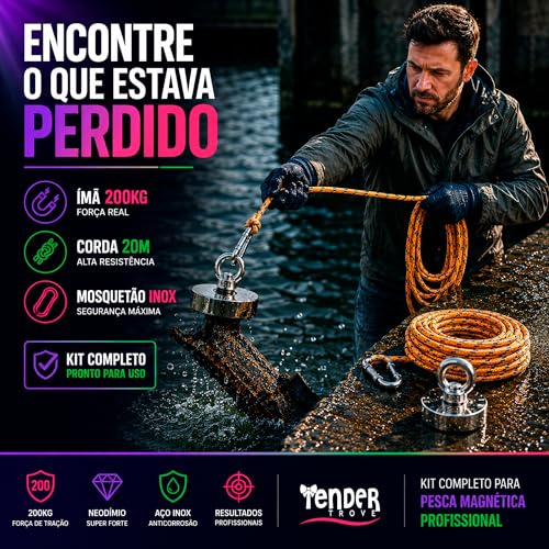 Tender Trove Kit Pesca Magnetica Ima Neodimio 200kg, 60mm, Corda Trancada 20 Metros, Mosquetao Aco Inox, Recuperacao Objetos Metalicos Rios Lagos