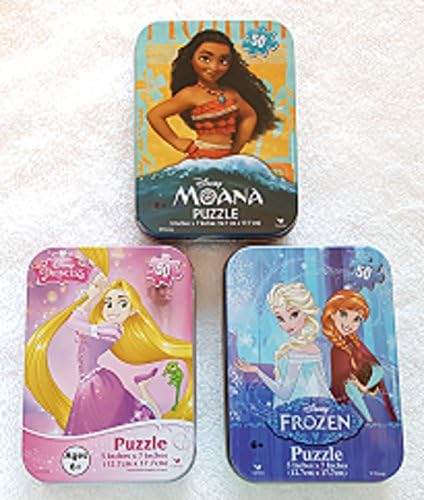 3 Disney Princess Mini Puzzles in Tin Cases Bundle: Moana, Tangled Rapunzel, Frozen Elsa &amp; Anna ~ 50 Pieces per Puzzle Girls Travel
