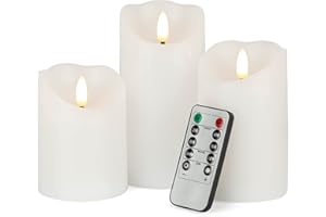LUSHARBOR Flameless Candles, Battery Operated Real Wax LED Flickering Candles with 10Key Remote Control and Timers, Fake Electronic Candle for Christmas Party Room Home Decor, Set of 3(White)