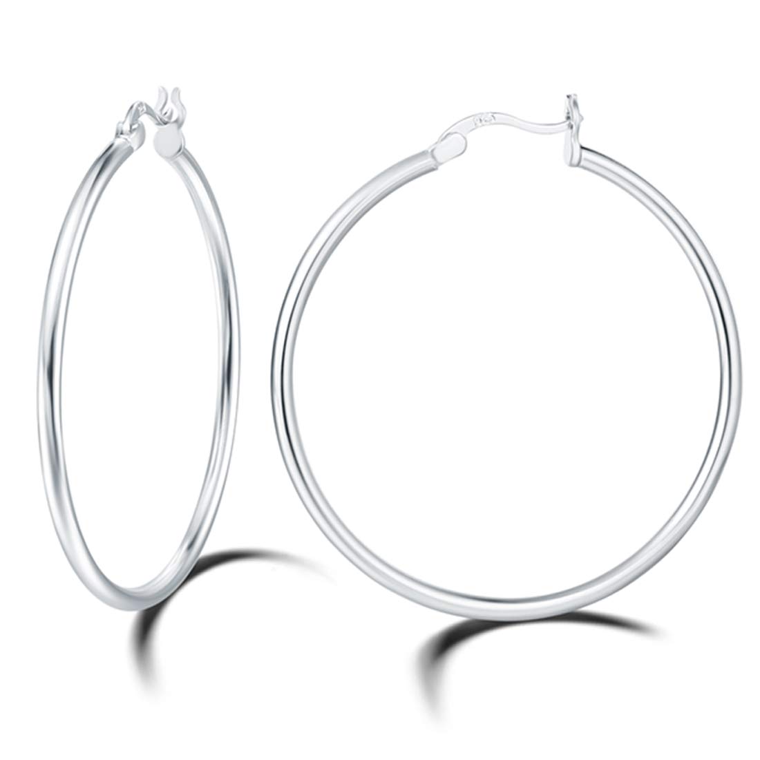 Carleen 925 Sterling Silver High Polished 2mm Round Tube Click-Top Large Big Huggie Piercing Hoop Earrings Fine Jewelry for Women Girls, Diameter 60 mm