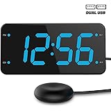 Bed Shaker Loud Alarm Clock for Heavy Sleepers, Deaf & Hearing Impaired, Dual Alarm Digital Clock with 2 USB Charger, 7-Inch Display, Full Range Dimmer – Ocean Blue