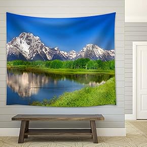 Peaceful Lake and Snow Covered Mountain - Fabric Tapestry, Home Decor - 51x60 inches