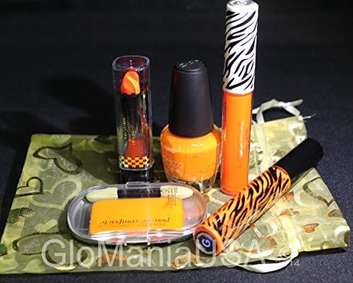 Orange NEON SUPER DELUXE Theatrical Make Up Set w/ Cream Stick, Cream Blusher/Rouge, Gel Mascara, Nail Varnish, &amp; Lip Gloss, UV, Black Light, Rave, Party