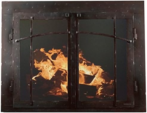 Ironhaus Iron Fireplace Glass Door with Gate Mesh with 4" Frame In Hammered Black Copper Finish, Craftsman Design, 3" L x 32" H x 47" W, Brown