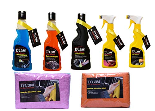 CAR Wax Polish 250ml.+ TYRE Polish 250ml.+ CAR Glass Cleaner 250ml. + CAR WASH Shampoo 250mL.+ Leather Dresser Polish 250ml.+ 2PC (Orange+Pink) CAR Microfiber Cloth.
