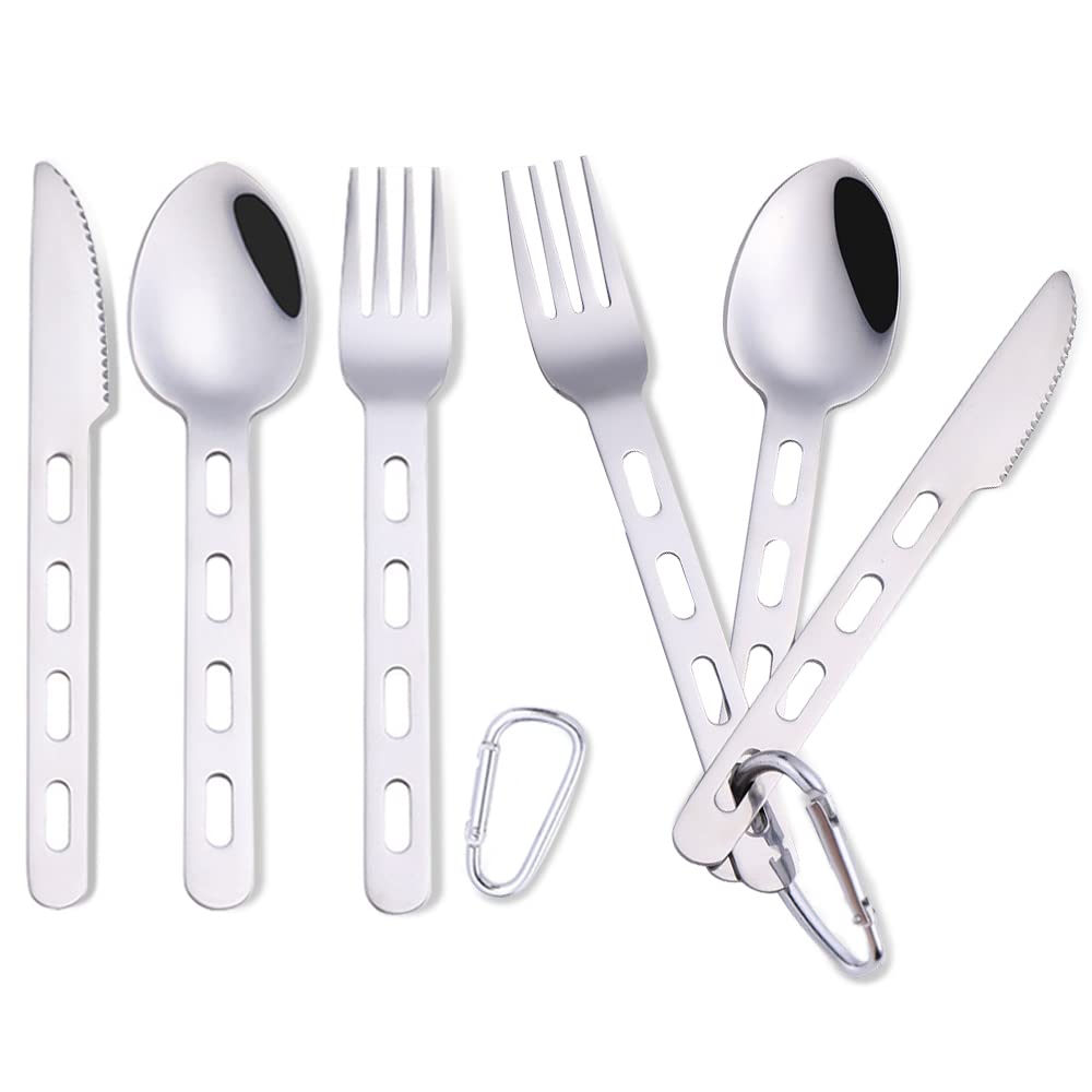 LELE LIFE Camping Cutlery Set, 8Pcs Stainless Steel Camping Utensils Travel Flatware Set, Fork Spoon Cutter Set with Carabiner for Hiking Picnic Outdoor Backpacking Silverware