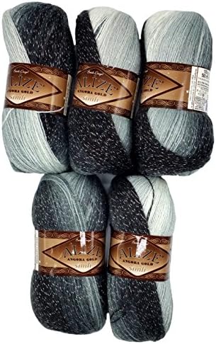 Angora gold Simli Glitter wool 5 x 100 gram multicolored with color gradient and Glitter, 500 grams (17,63 oz) knitting wool 2730 yds (2500 meters) (black gray white 1900)