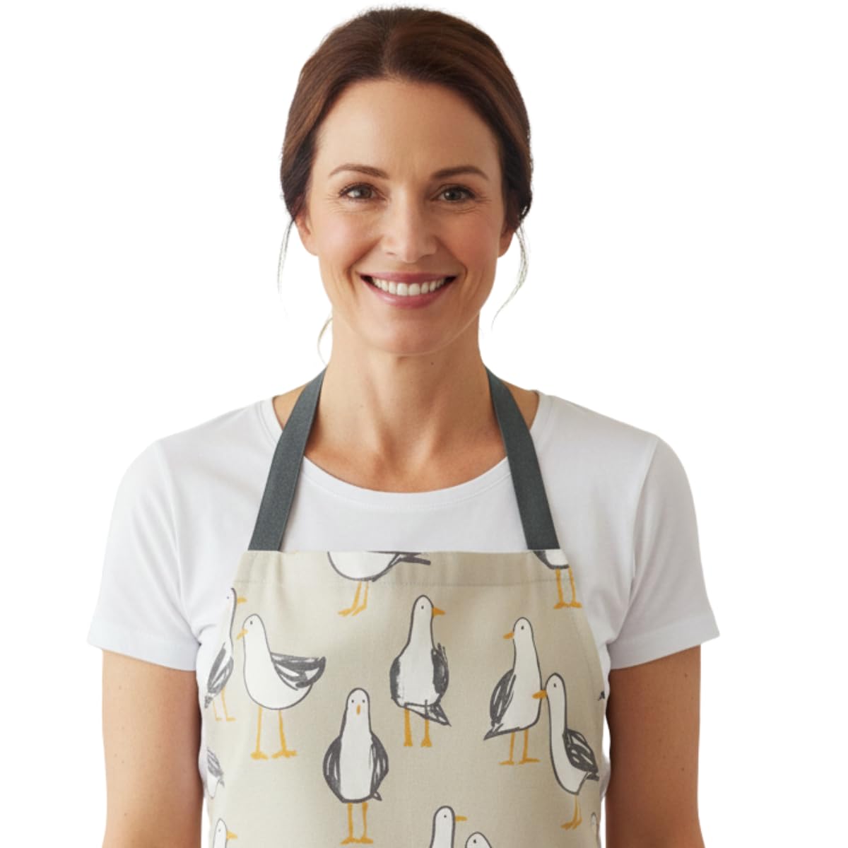 Jolee... Fabrics Wipe Clean PVC Coated Aprons - 100% Cotton Oilcloth - One Size - Easy to Clean and Splash Proof Apron (Taupe Seagulls, Adult (75cm Length))