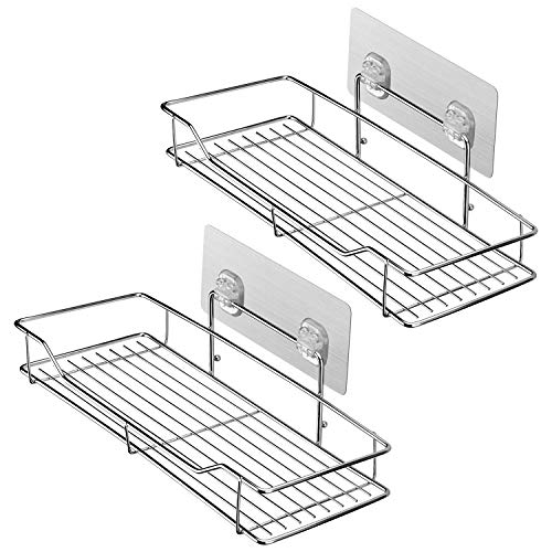 HOMEIDEAS 2 Pack Adhesive Bathroom Shelf Shower Basket Shelf Kitchen Organizer Rack, Wall Mounted, No Drilling, SUS304 Stainless Steel