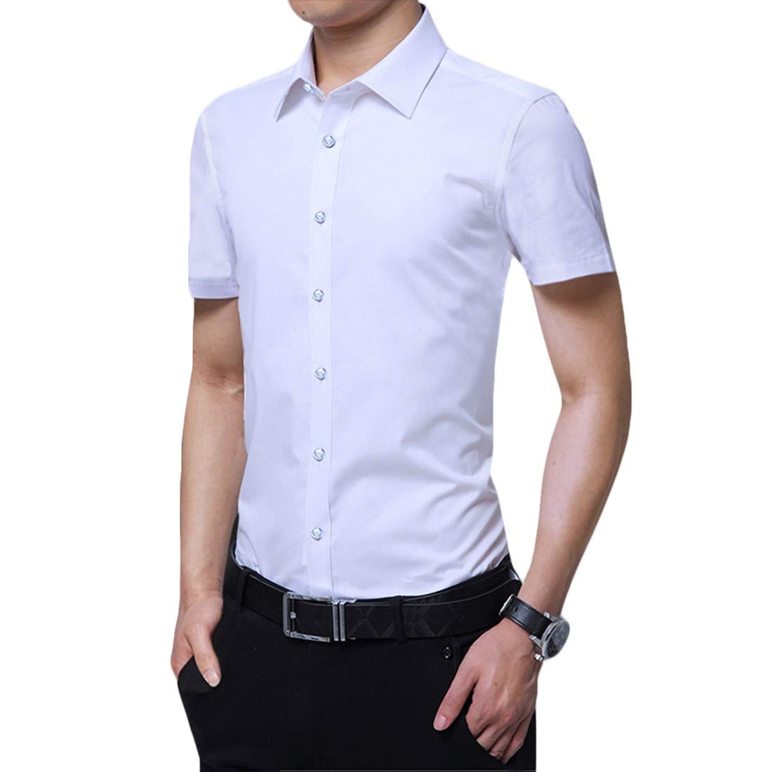Mens Business Casual SlimFit Solid Summer Short Sleeve Dress Shirts