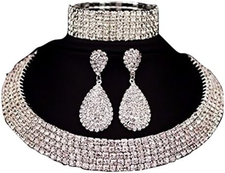 Rhinestone Crystal Choker Necklace 2/3/4/5 Rows Earrings and Bracelet set Crystal and Durable Clasp (5RowSilver)