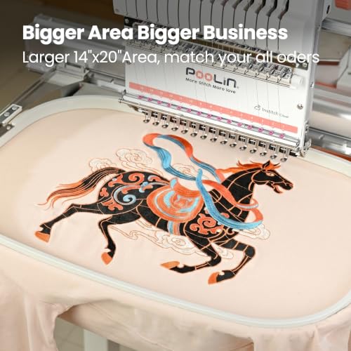 POOLIN Multi Needles Commercial Embroidery Machine with Auto Color Change, 13.8x19.7 Inch Embroidery Area, WiFi Transfer, Includes All Accessories for Hats, T-Shirts & Hoodies
