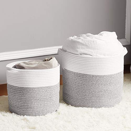 HITSLAM Woven Rope Basket with Handles, Collapsible Laundry Basket, Cotton Storage Basket for Towels Blanket Toys (Gray) - M - Thumbnail 5