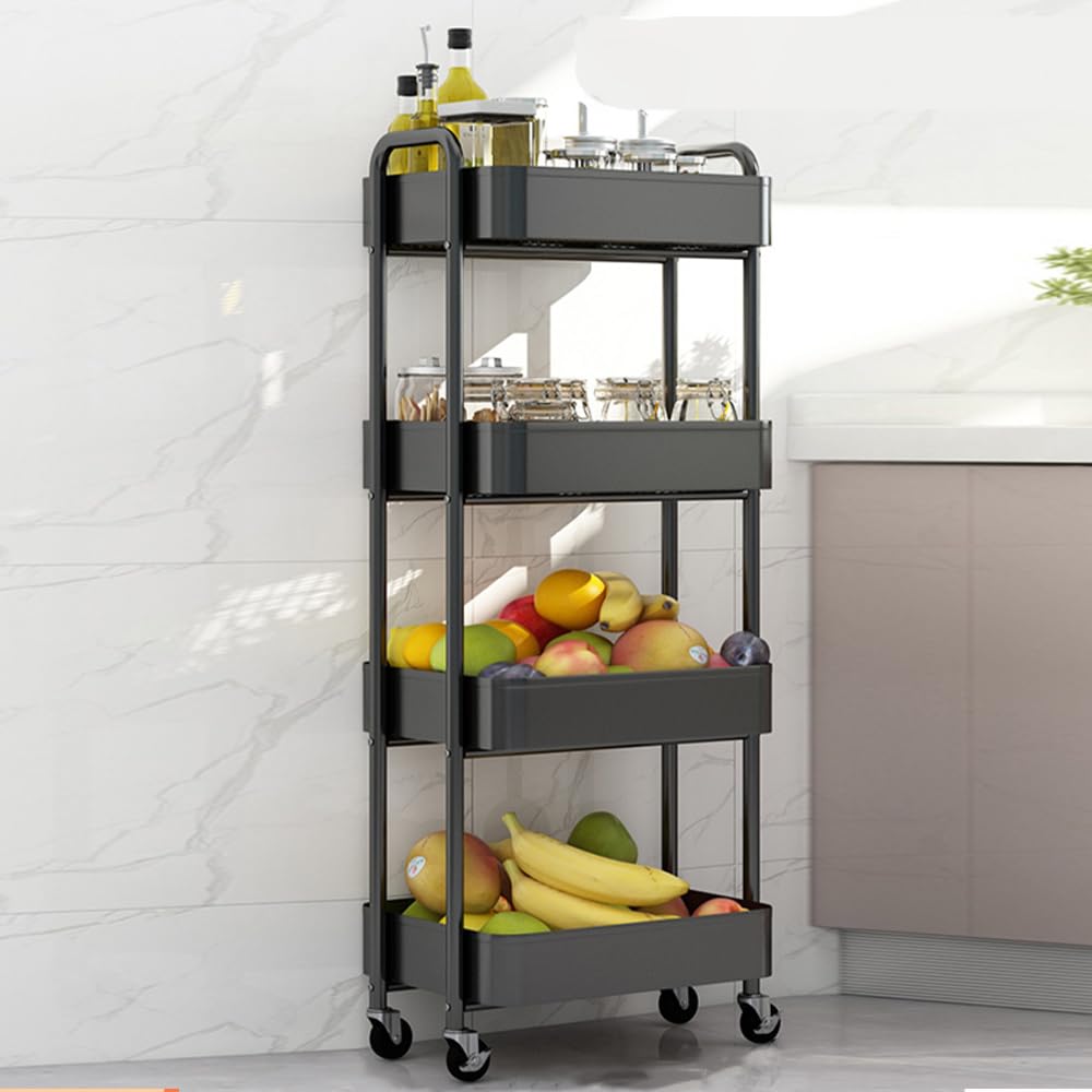 4-Tier Storage Rolling Cart Trolley Metal Mobile Shelving Organiser with 360° Swivel Wheels for Kitchen, Bedroom, Bathroom Laundry Office Multi-Purpose Rolling Organizer Trolley Shelf (White) (Black)