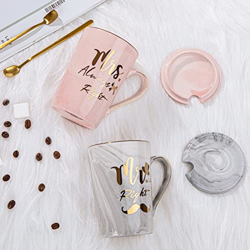 Mr Right and Mrs Always Right Couples Mug Sets for Wedding Gifts, Engagement Gifts, Bride to be, Bridal Shower, Bride and Groom, 14oz Ceramic Marble Cup with Gold Pattern, Microwave Dishwasher Safe
