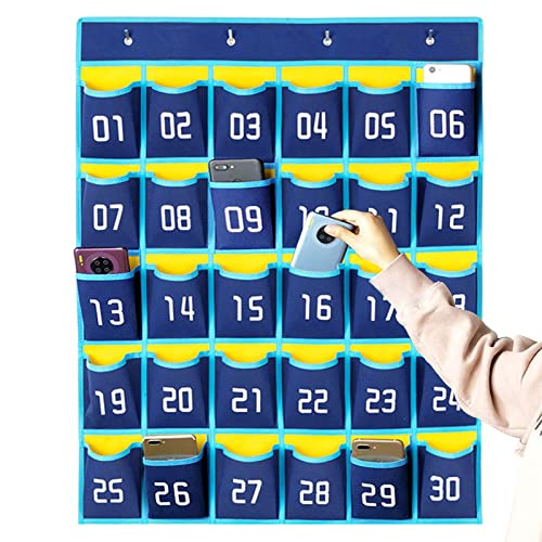Classroom Numbered Pouch, 30 Hanging Storage Bag for Mobile Phone Calculators Pocket Board with 4 Hooks, Over the Door Phone Organizer (Light Blue)