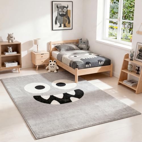 the carpet Little Monster Moderner Weicher Kinderteppich, Weicher Flor, Pflegeleicht, Farbecht, Monster Gesicht Motiv, Grau, 120 x 170 cm
