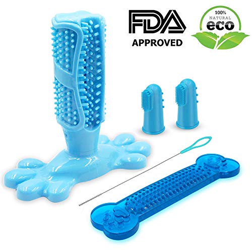 AomeTech Dog Toothbrush Dental Care Brushing Stick Effective Doggy Teeth Cleaning Massager Nontoxic Natural Rubber Bite Resistant Chew Toys Finger Toothbrush for Dogs Pets (M, Blue)