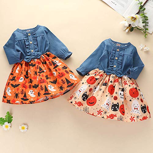 JBEELATE Baby Girls Halloween Denim Dress Long Sleeve Ruffle Button Dress Ghost Printed Tutu Skirt (Halloween Pumpkin, 2-3T)