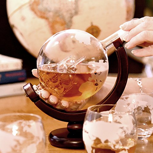 Whiskey Decanter Set with Globe Glasses - Premium Whiskey Gift Set - Etched Globe Decanter for Scotch, Bourbon or Liquor - 850ml Wine Decanter Set + 9 Bonus Ice Stones - Glass Decanter with Gift Box