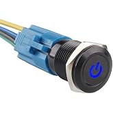 ESUPPORT 16mm 12V 3A Car Blue LED Light Power Push Button Toggle Switch | Metal Switches Socket Plug Wire Latching Black Shell Silver Contact