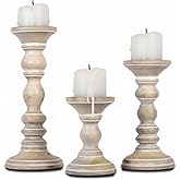Mela Artisans Wooden Pillar Candle Holders | Willow Design | Set of 3 Mango Wood Candlesticks | Whitewash | Sizes 6" & 9" &12" | Table Decor | Centerpiece | Mantel | Wedding | Living Room Decor