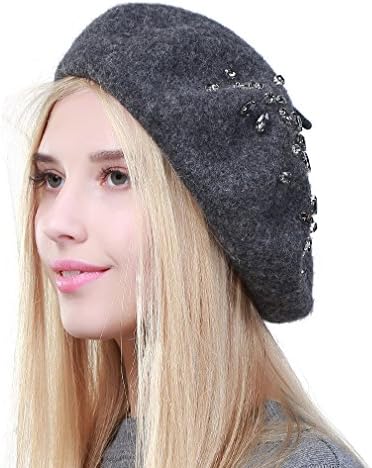 Fashion Solid Color Wool Knitted Berets With Rhinestones Ladies French artist Beanie Beret Hat DQ105 (Darkgray)