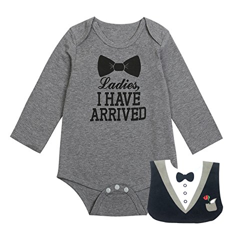 iCrazy Baby Boys’ Funny Gentleman Bodysuit with Bib (0-3 Months, Gray01)