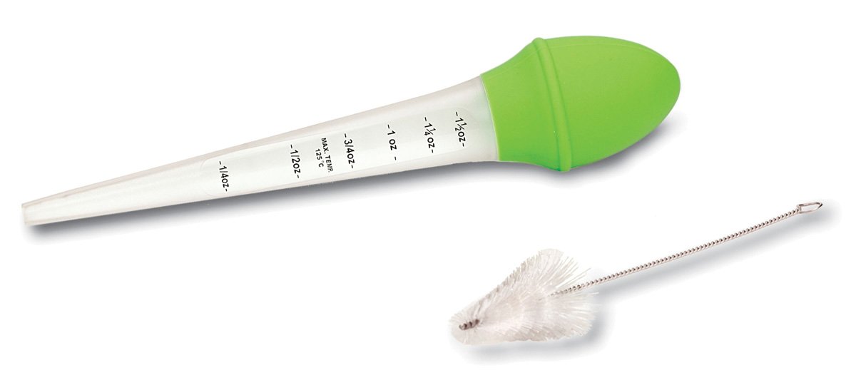 RSVP International Kitchen Collection, Measuring Bulb Baster, Heat Safe up to 225 F, Dishwasher Safe, Includes Cleaning Brush, 1.25 oz Capacity, Green
