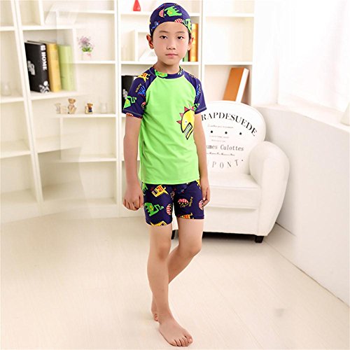 Monvecle Little Boys' 7-Pieces Short Sleeve Rash Guard Swimsuit Set with Swim Cap UPF 50+ Green 3T-4T