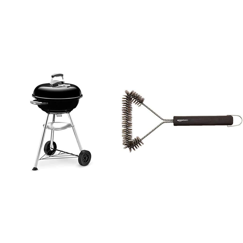 WeberCompact Charcoal BBQ, 47cm, Black & Amazon Basics 12-Inch 3-Sided Grill Brush