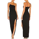 JLCNCUE Women Spaghetti Strap One Shoulder Bodycon Maxi Dress Thigh High Slit Formal Dress Knot Ruched Waist Cocktail Dress