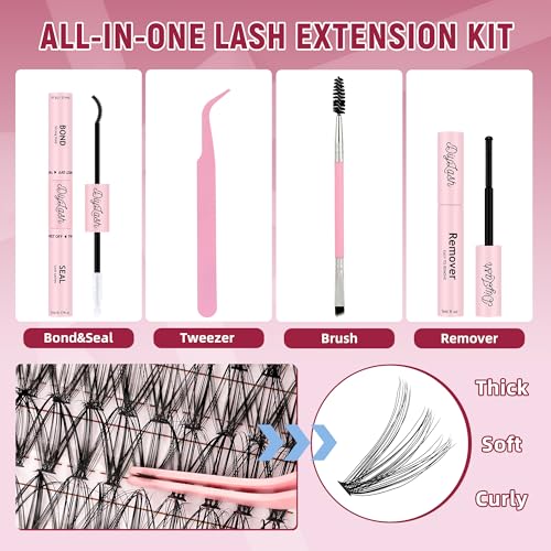 Mayhug Lash Clusters Kit, 640 Pcs Eyelashes Clusters Extensions 9-16mm Individual Lashes D Curl Fluffy Wispy False Eyelashes Thin Band, with Bond Seal Remover Tweezers Brush DIY (30D+40D Kit 9-16mm)