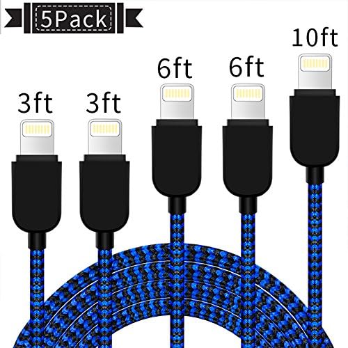 YEFOOT iPhone Charger [5 Pack] Lightning to USB Cable Charger Cord Nylon Braided Compatible with iPhone X/8/8 Plus/7/7 Plus/6/6 Plus/6S/6S Plus/5/5S/SE,iPad,iPod (Black and blue)