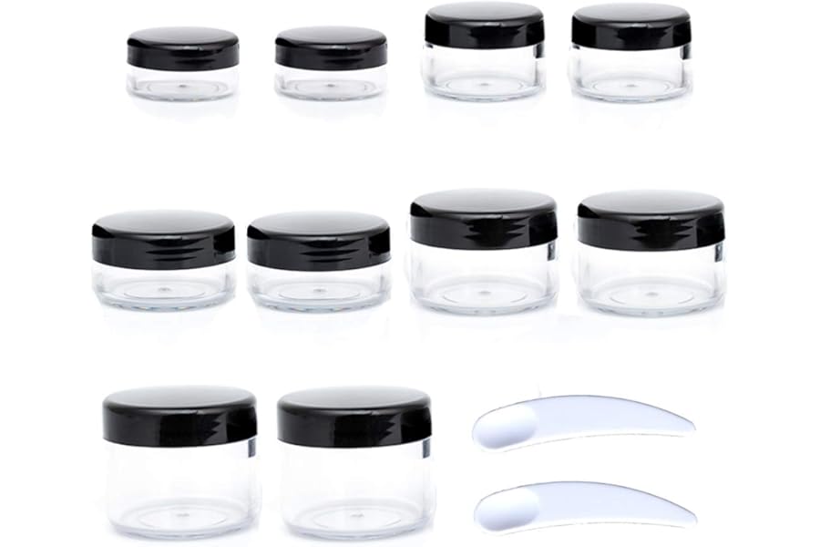 ZEJIA 10pcs Small Travel Containers, Black Sample Jars with Screw Lids, 5 Size 3/5/10/15/20 Gram, 12pcs Labels and 2pcs Mini Disposable Spatula, Makeup Sample Containers BPA Free