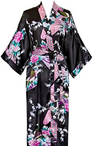 BLACK - BATH ROBE PEACOCK WOMEN KIMONO , SILK-SATIN WITH COMPLIMENTRY-ONLY ONE SIZE