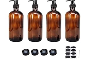 BPFY 4 Pack 16 oz Amber Glass Bottles with Pumps for Shampoo, Essential Oils, Cleaning Products, Lotions, Aromatherapy Oil, Pump Bottles, Refillable Containers with Cap, 8 Chalk Labels, 1 Pen