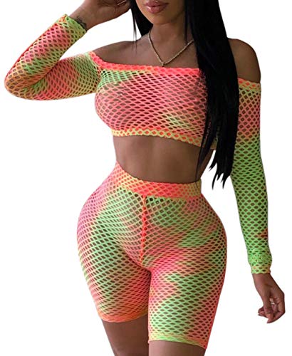 Women's Sexy Mesh 2 Piece Outfits Summer Long Sleeve Crop Top Short Jumpsuits Set