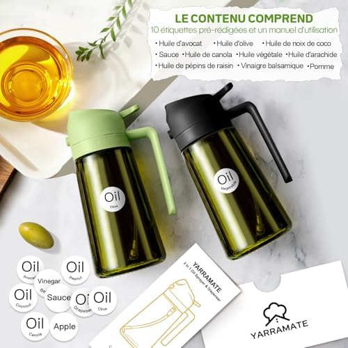 470 ml pulvérisateur d'huile foncé anti-lumière de cuisson 2 en 1 flacon de qualité alimentaire Bouteille en verre vert de pour la cuisine (noir)