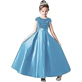 dideyttawl Girls Satin Sequins Party Dress Short Sleeves Long Formal Dress Big Bow Belt 503DX