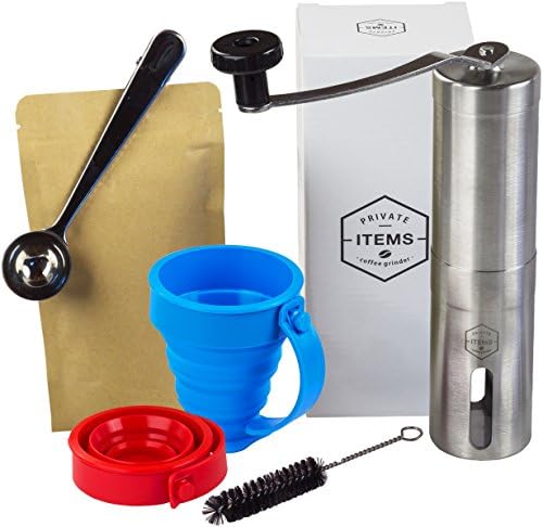 Cofee Grinder Manual - Stainless Steel with Adjustable Ceramic Burr – Aeropress Compatible - Perfect for Traveling – Gift Box + [TRAVEL CUPS, CASE WITH TIES, 2 VACUUM BAGS]