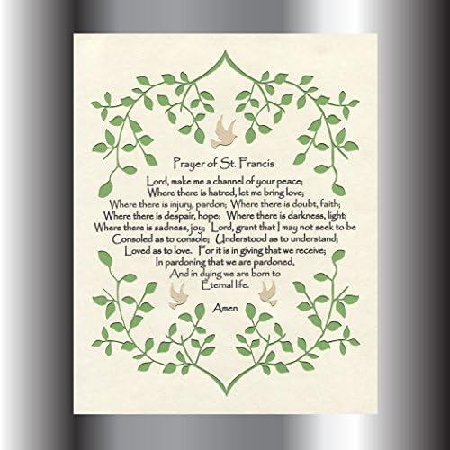 Prayer of St. Francis Inspirational Wall Art Paper Cut Vine Green Design Birds 8X10 Unframed