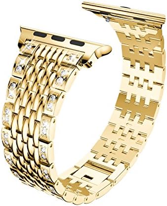 Wenicaca Metal Replacement Band for Apple Watch Series 1 2 3 with Rhinestones and Clasp Sports Strap Valentine's Gift(Gold 42mm)