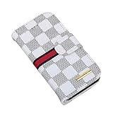 RAYTOP Luxury Brand Designer White Checks Leather Cases Wallet Flip Covers for Apple iPhone SE 5 5s with Kickstand Function Card Holder Stand Classic Classy Decent Design High Quality Cheap