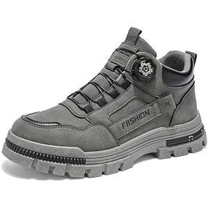 Men's Fashion High-Top Work Boots with Rotating Buckle, No-Tie Laces, PVC Sole,