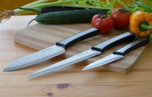 New sharp durable stainless steel silver and black color Kitchen knife set of 3 by Yanicho's Cucina includes 5 inch utility 8 inch curving 7 inch Santoku chef knife