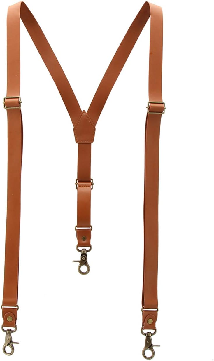 1 Inch Suspenders for Men, Soft Split Leather Brown Y Back, Covered with Superfine Fiber Synthetic PU Leather,3 Snap Hooks