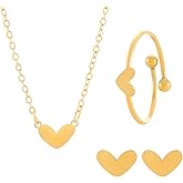 QLUYCKW Heart Jewelry Set Cute Alloy Hollow Love Shaped Small Solid Heart Lightweight Link Chain Pendant Necklace Bracelet Adjustable Ring Stud Earrings Set Charm Prom Wedding Jewelry for Women